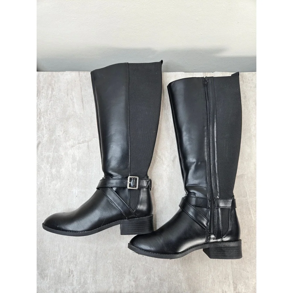 Kelly & Katie Equestrian Knee High Boots 6 Wide Black Buckle Harness Riding Moto